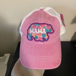 Simply Southern Women’s Mama Bear Patch Hat Pink & White Mesh Back - New